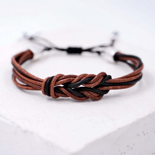Leather men's bracelet with metallic silver-plated parts