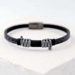 Δερμάτινο ανδρικό βραχιόλι με gunmetal μεταλλικά στοιχεία
