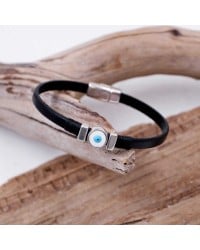 Men's Bracelet with Evil Eye Leather men's bracelet with metallic silver-plated evil eye with enamel