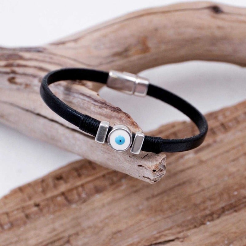 Men's Bracelet with Evil Eye Leather men's bracelet with metallic silver-plated evil eye with enamel