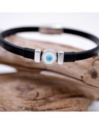 Men's Bracelet with Evil Eye Leather men's bracelet with metallic silver-plated evil eye with enamel