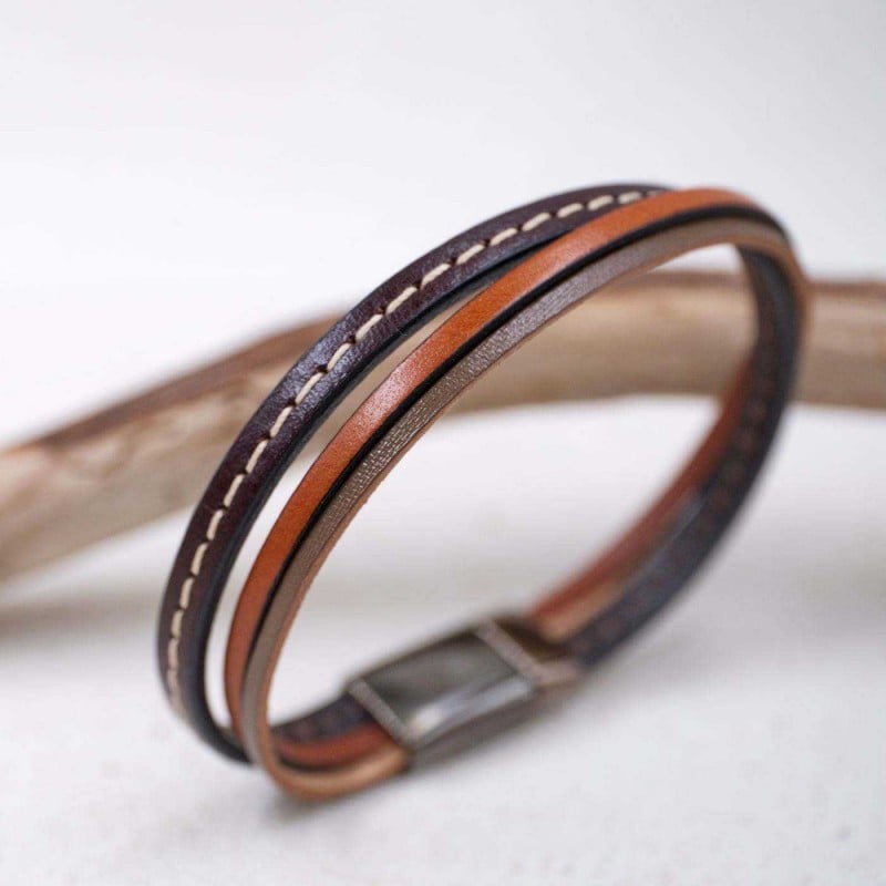 Triple Line Men's Bracelet Μen's bracelet made of leather with magnetic gunmetal clasp