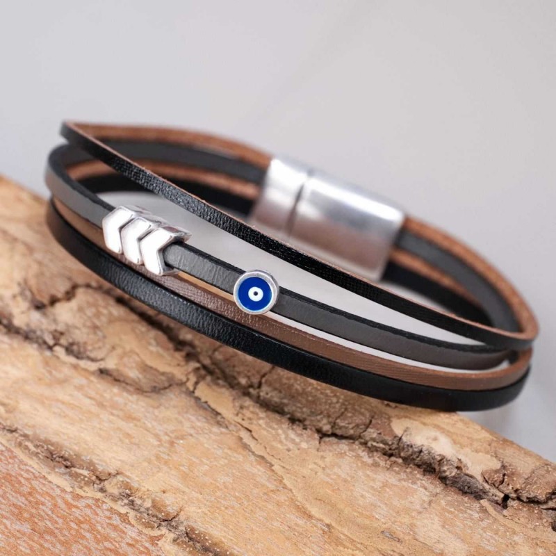Leather men's bracelet with enamelled evil eye and magnetic clasp Leather men's bracelet with metallic silver-plated parts and magnetic clasp