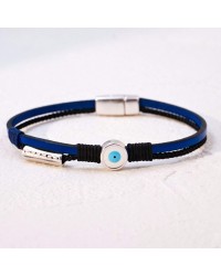 Leather men's bracelet with enamelled evil eye Leather men's bracelet with metallic silver-plated parts and enamelled evil eye