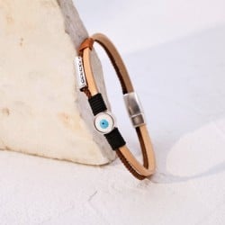 Δερμάτινο ανδρικό βραχιόλι με επάργυρα μεταλλικά στοιχεία και μάτι από σμάλτο