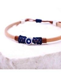 Leather men's bracelet with enamelled evil eye Leather men's bracelet with metallic silver-plated parts and enamelled evil eye