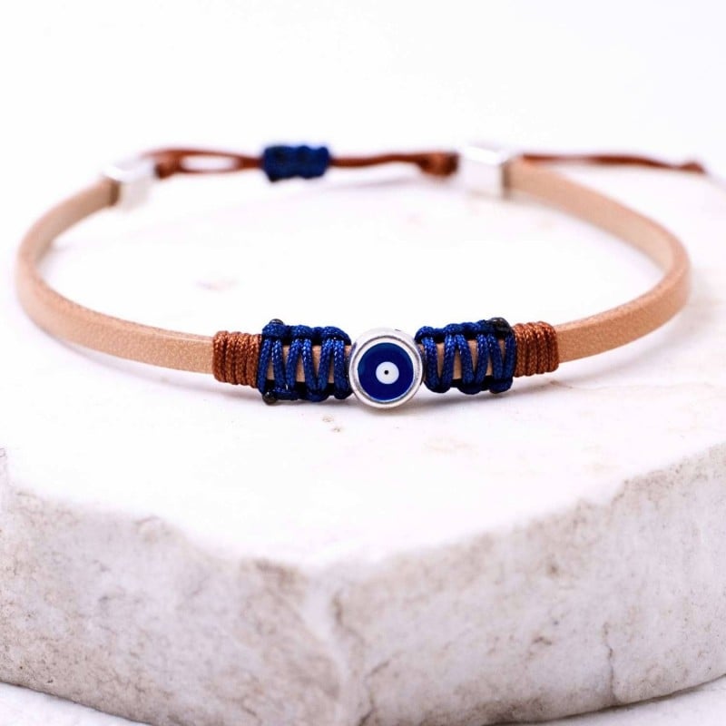 Leather men's bracelet with enamelled evil eye Leather men's bracelet with metallic silver-plated parts and enamelled evil eye