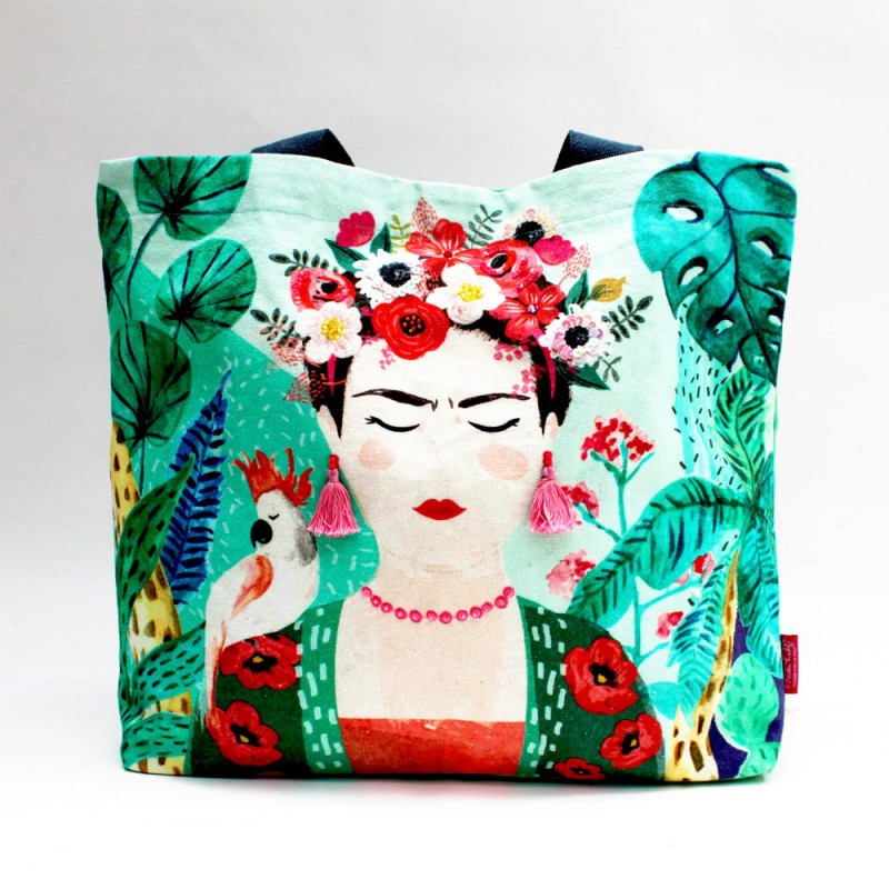 Τσάντα tote Frida Kahlo tropical σε έντονα χρώματα Τσάντα tote Frida Kahlo tropical διακοσμημένη με πούλιες και χάντρες
