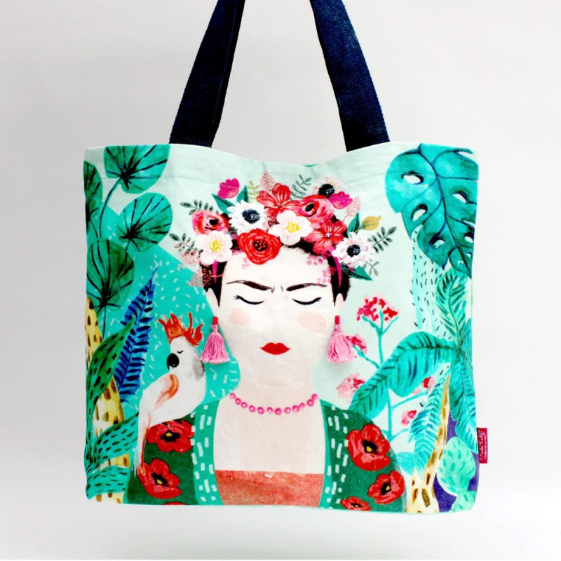 Τσάντα tote Frida Kahlo tropical σε έντονα χρώματα Τσάντα tote Frida Kahlo tropical διακοσμημένη με πούλιες και χάντρες