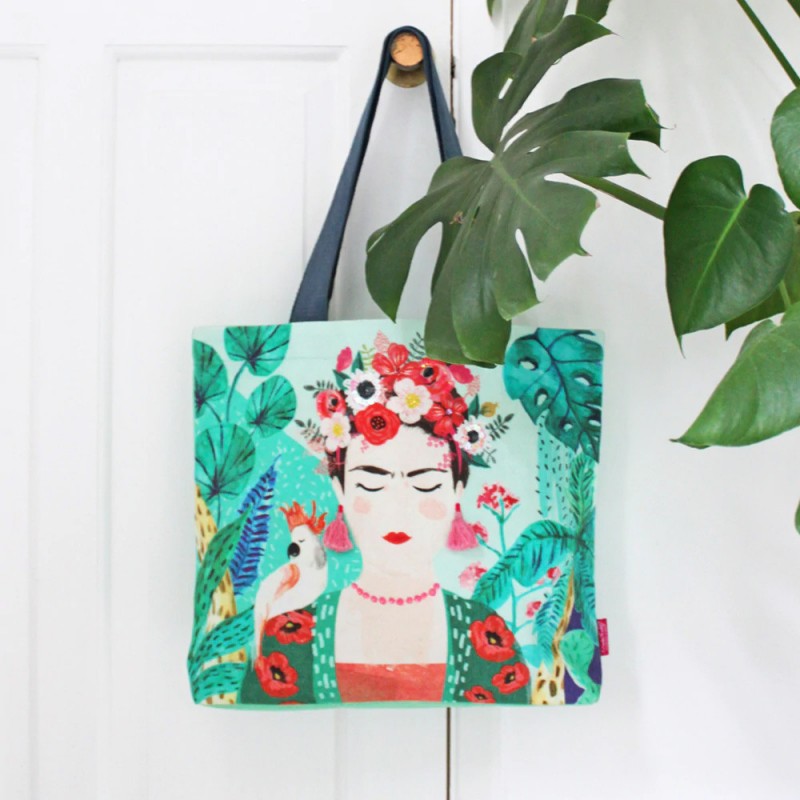 Τσάντα tote Frida Kahlo tropical σε έντονα χρώματα Τσάντα tote Frida Kahlo tropical διακοσμημένη με πούλιες και χάντρες