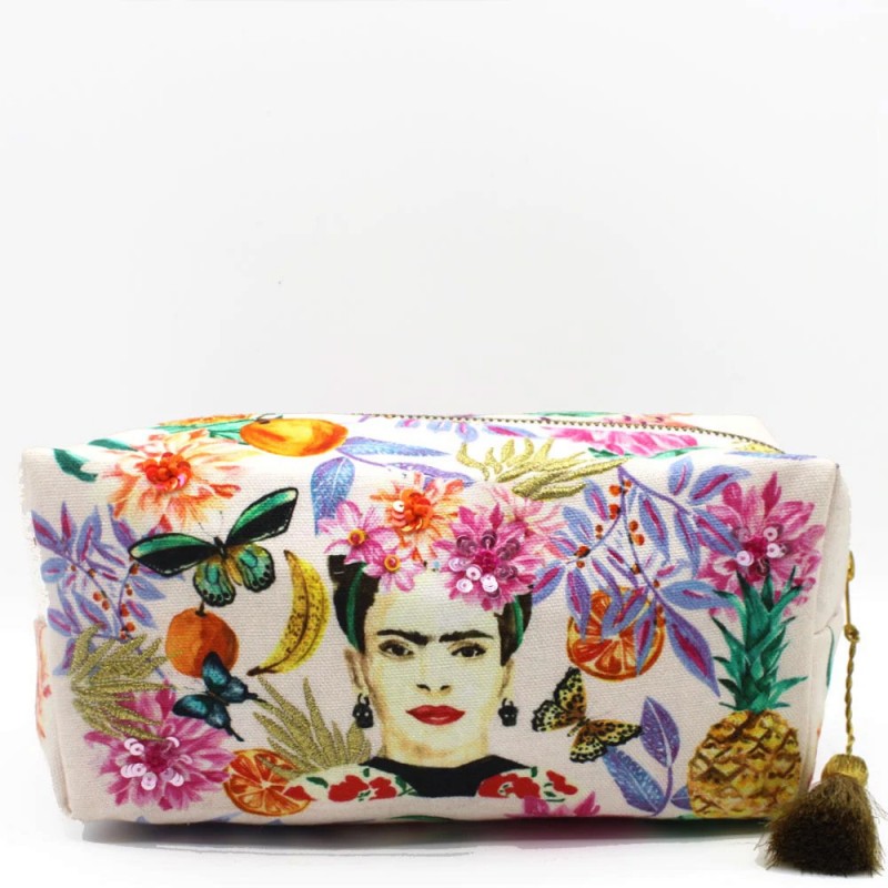 Νεσεσέρ για καλλυντικά Frida Kahlo με λουλούδια και φρούτα διακοσμημένο με χάντρες και πούλιες
