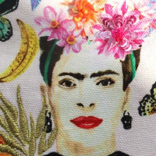 Frida Kahlo Fruit cosmetic bag with gold embroidery details, beads and sequins