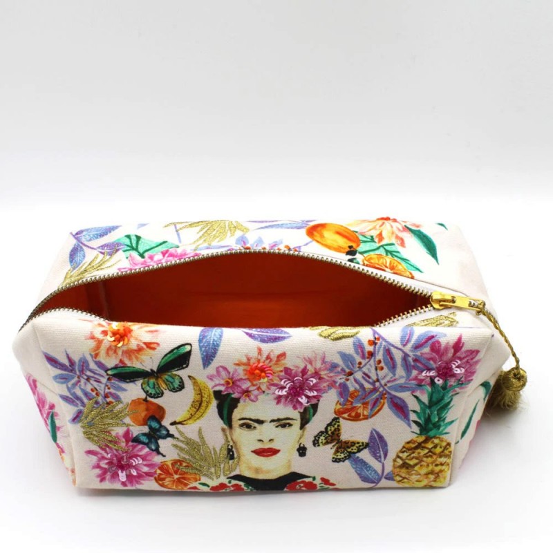 Νεσεσέρ για καλλυντικά Frida Kahlo με λουλούδια και φρούτα διακοσμημένο με χάντρες και πούλιες
