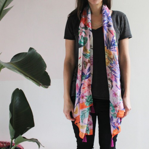 Frida Kahlo Scarf with floral and fruit illustrations