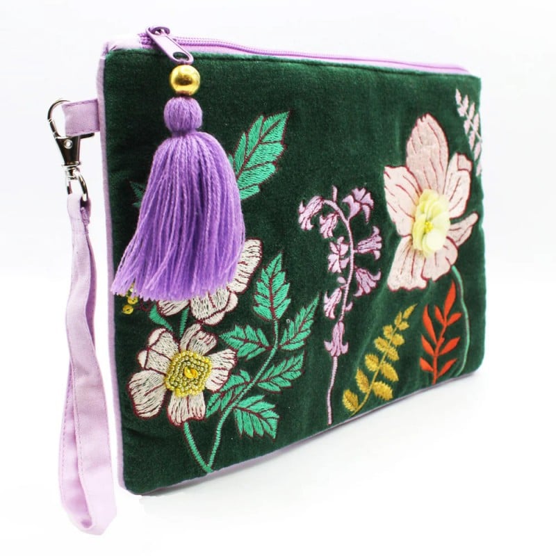 Posy Teal Clutch Bag made of soft velvet embroidered with floral patterns, beads and sequins