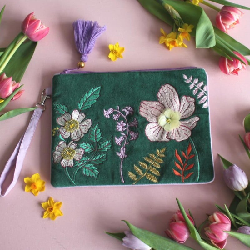 Posy Teal Clutch Bag made of soft velvet embroidered with floral patterns, beads and sequins