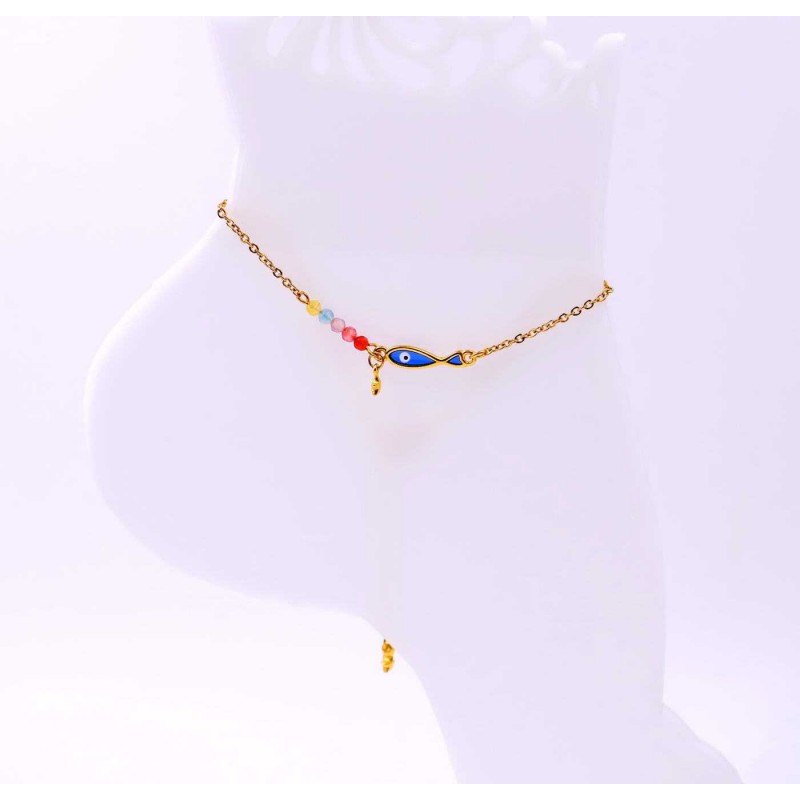 Anklet made of stainless steel chain with 24K gold-plated parts and enamel 