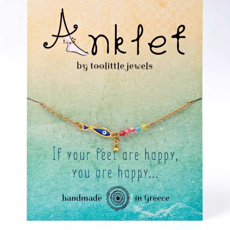 Anklet made of stainless steel chain with 24K gold-plated parts and enamel 