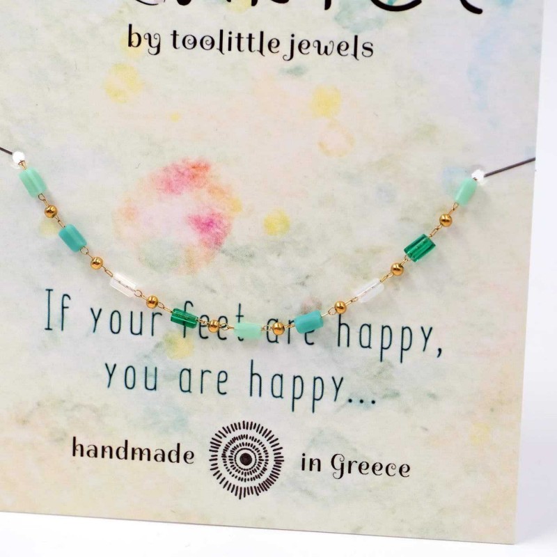 Anklet made of stainless steel chain with 24K gold-plated parts and semiprecious stones