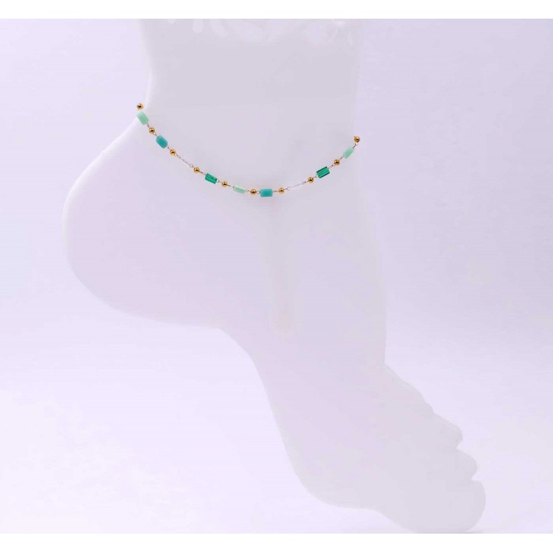 Anklet made of stainless steel chain with 24K gold-plated parts and semiprecious stones