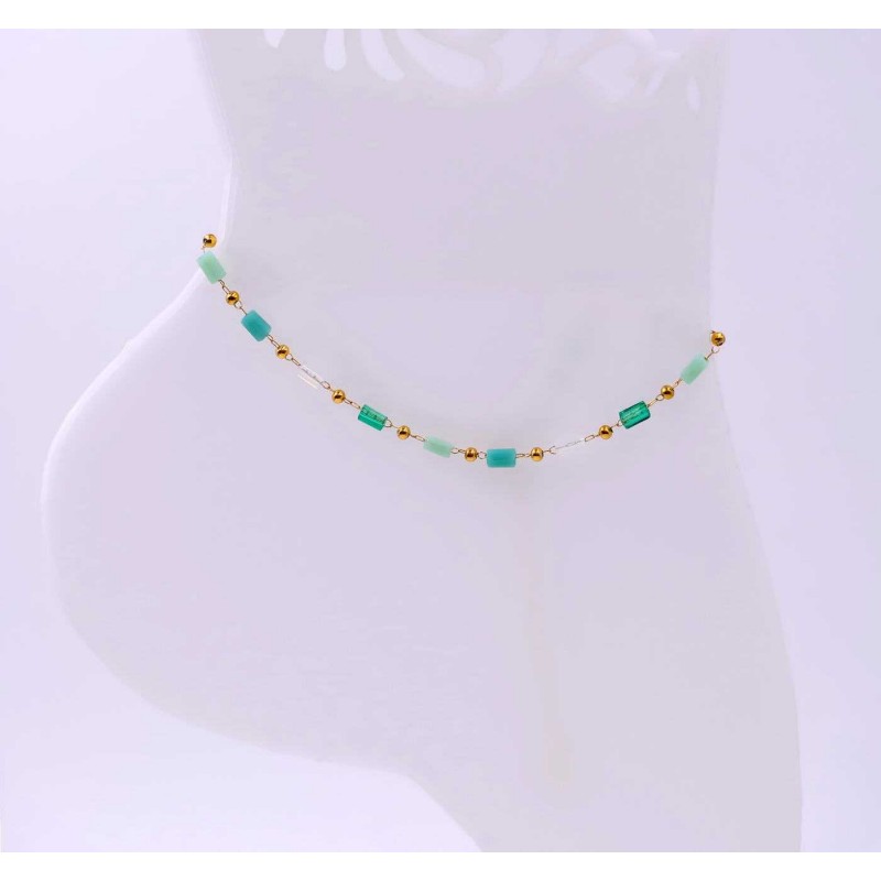 Anklet made of stainless steel chain with 24K gold-plated parts and semiprecious stones