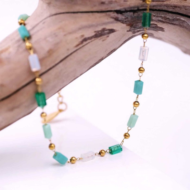 Anklet made of stainless steel chain with 24K gold-plated parts and semiprecious stones