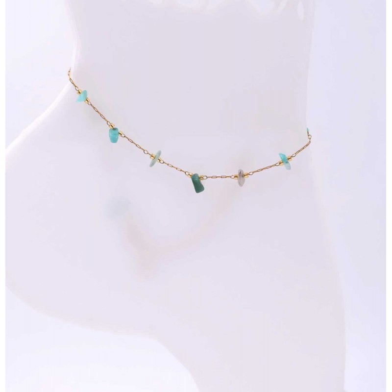 Anklet made of stainless steel chain with 24K gold-plated parts and semiprecious stones