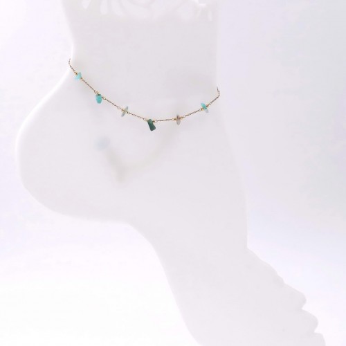 Anklet made of stainless steel chain with 24K gold-plated parts and semiprecious stones