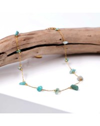 Anklet made of stainless steel chain with 24K gold-plated parts and semiprecious stones
