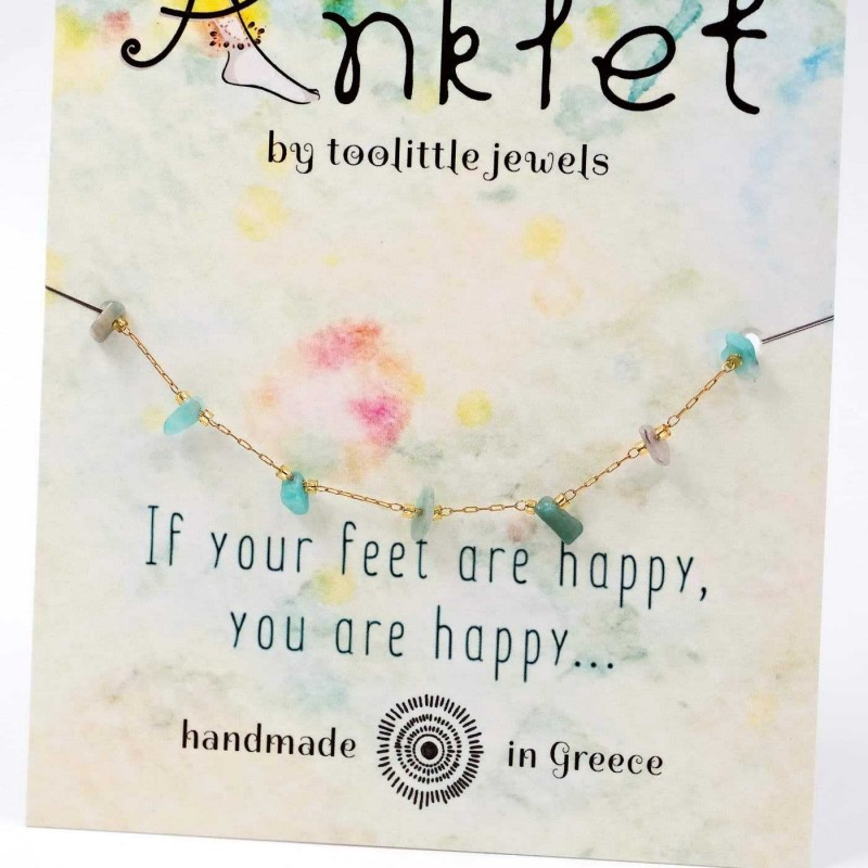 Anklet made of stainless steel chain with 24K gold-plated parts and semiprecious stones