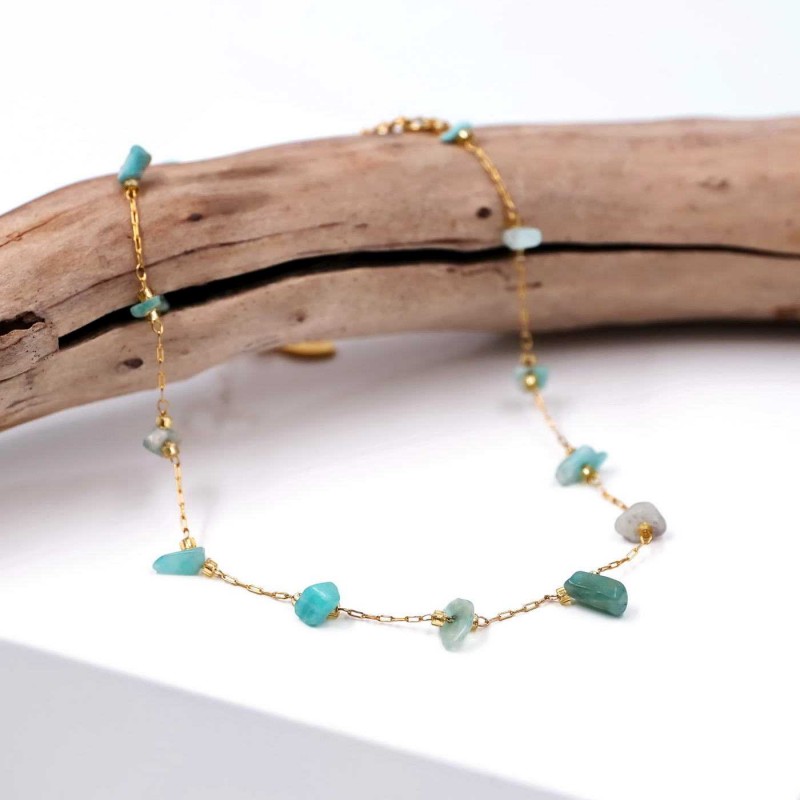 Anklet made of stainless steel chain with 24K gold-plated parts and semiprecious stones