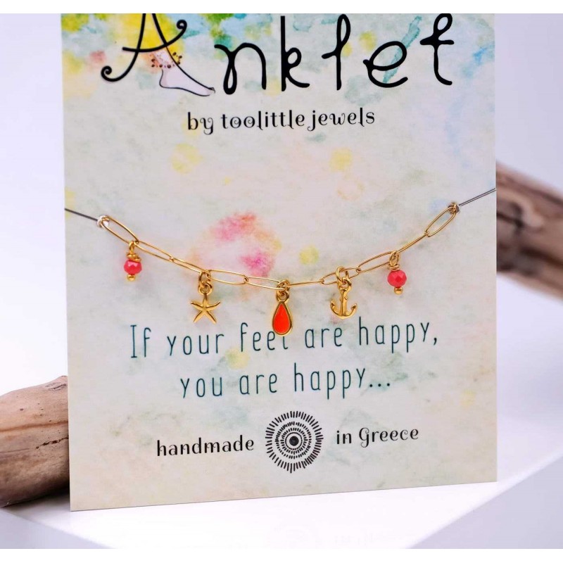 Anklet made of stainless steel chain with 24K gold-plated parts and enamel 
