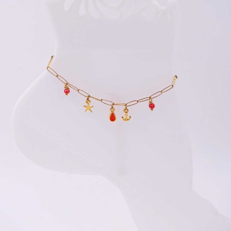 Anklet made of stainless steel chain with 24K gold-plated parts and enamel 