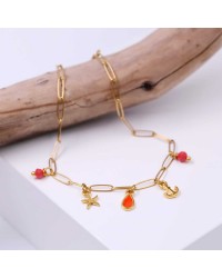 Anklet made of stainless steel chain with 24K gold-plated parts and enamel 