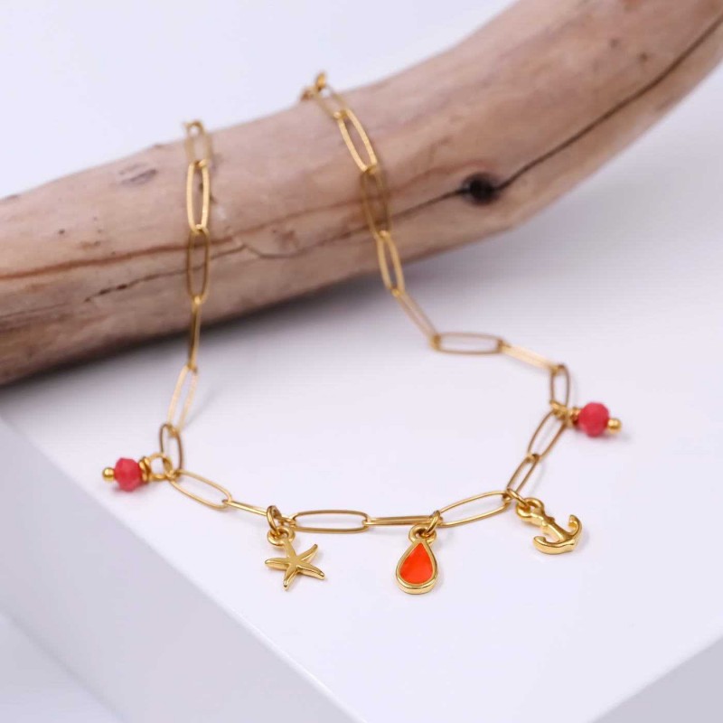 Anklet made of stainless steel chain with 24K gold-plated parts and enamel 