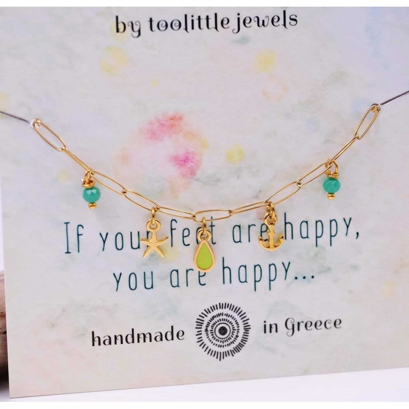 Anklet made of stainless steel chain with 24K gold-plated parts and enamel 