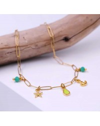 Anklet made of stainless steel chain with 24K gold-plated parts and enamel 