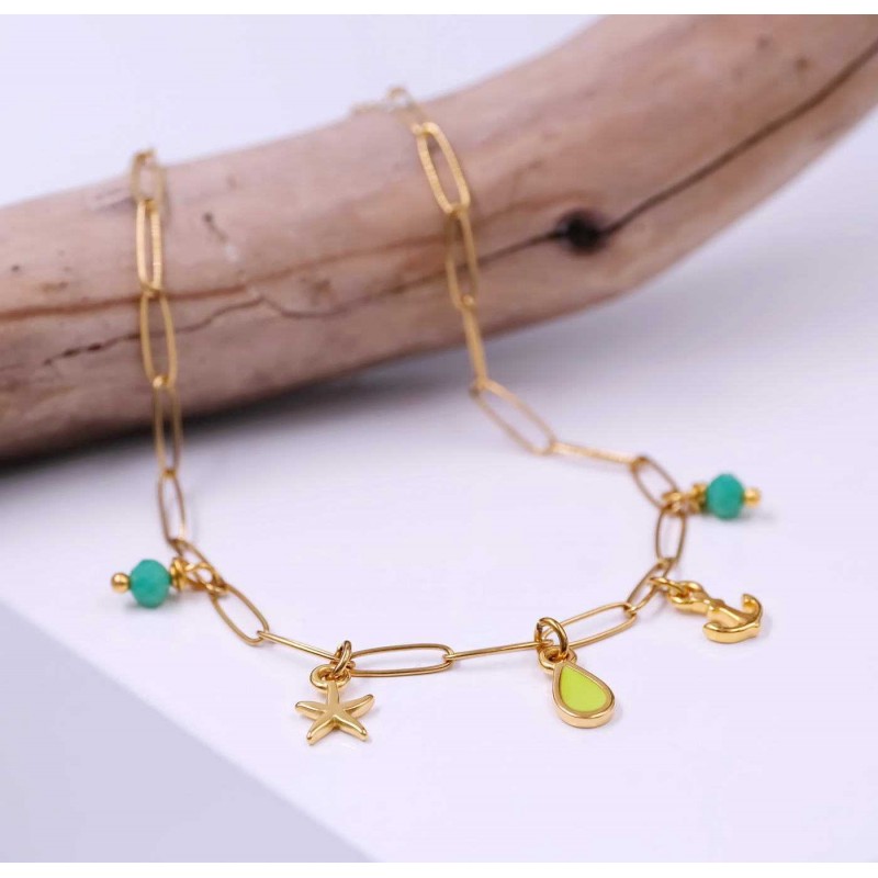 Anklet made of stainless steel chain with 24K gold-plated parts and enamel 