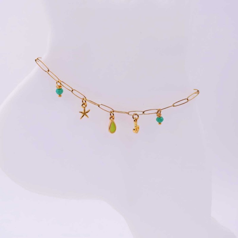 Anklet made of stainless steel chain with 24K gold-plated parts and enamel 