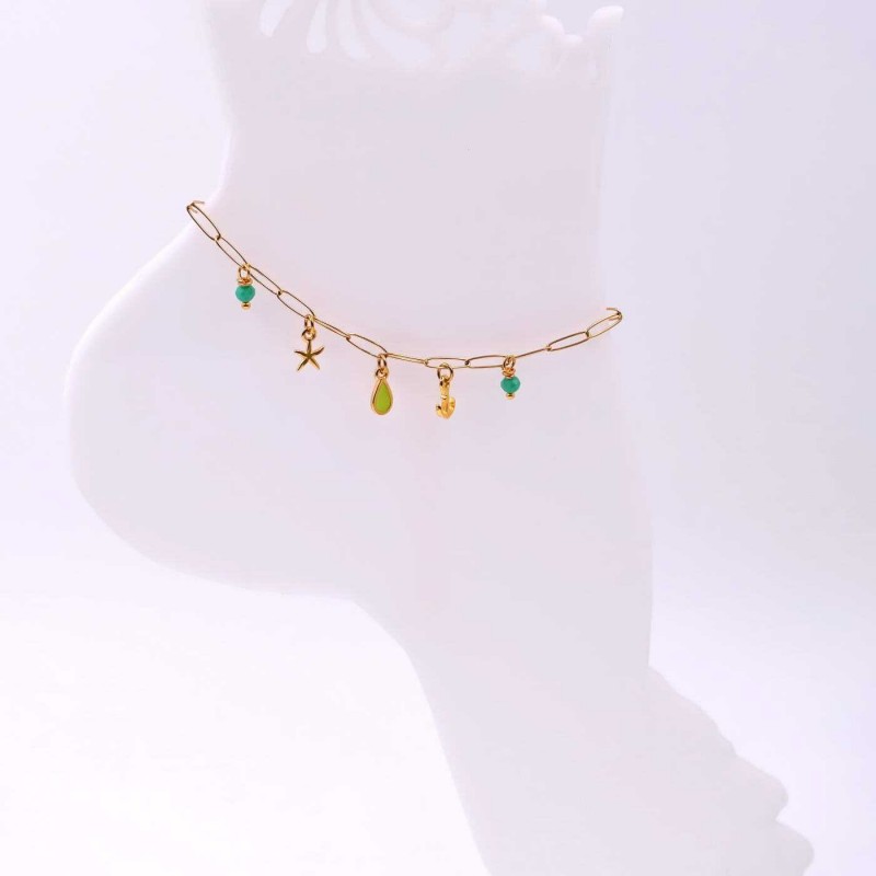 Anklet made of stainless steel chain with 24K gold-plated parts and enamel 