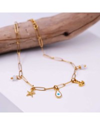 Anklet made of stainless steel chain with 24K gold-plated parts and enamel 