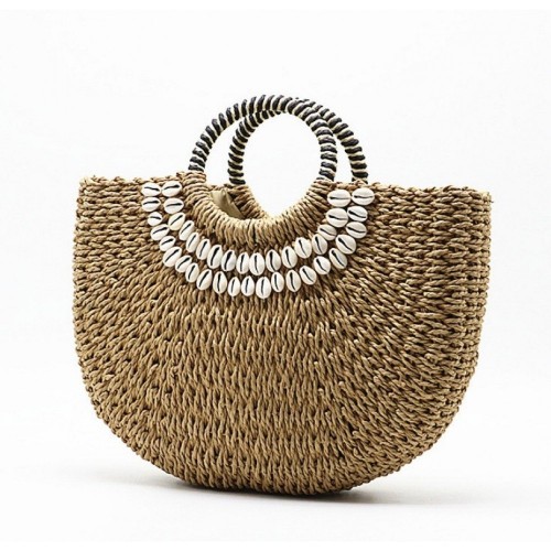 Straw handbag with cowrie shells
