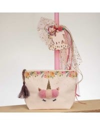 Set of Easter candle and cosmetic bag unicorn Set of Easter candle with wooden unicorn, tulle and glitter and cosmetic bag with pom pom