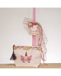 Set of Easter candle and cosmetic bag unicorn Set of Easter candle with wooden unicorn, tulle and glitter and cosmetic bag with pom pom