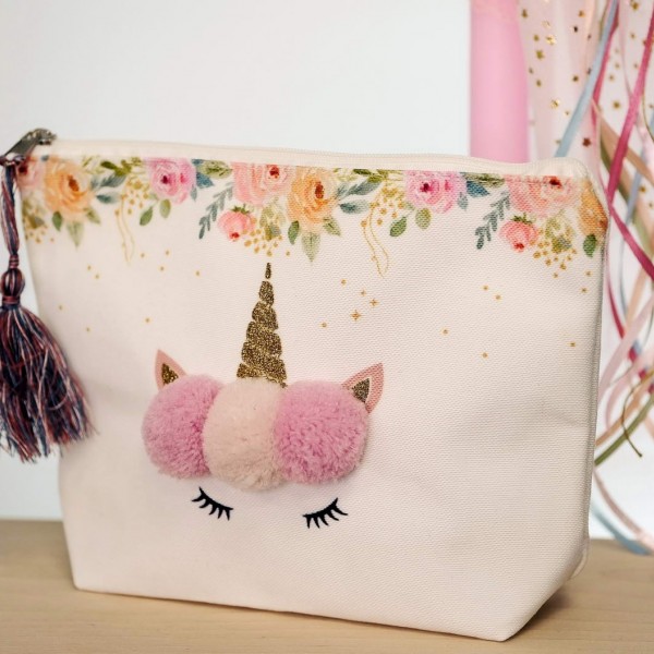 Set of Easter candle with wooden unicorn, tulle and glitter and cosmetic bag with pom pom