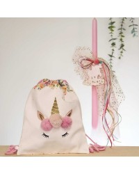 Set of Easter candle and backpack unicorn Set of Easter candle with wooden unicorn, tulle and glitter and backpack with pom pom
