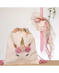 Set of Easter candle and backpack unicorn Set of Easter candle with wooden unicorn, tulle and glitter and backpack with pom pom