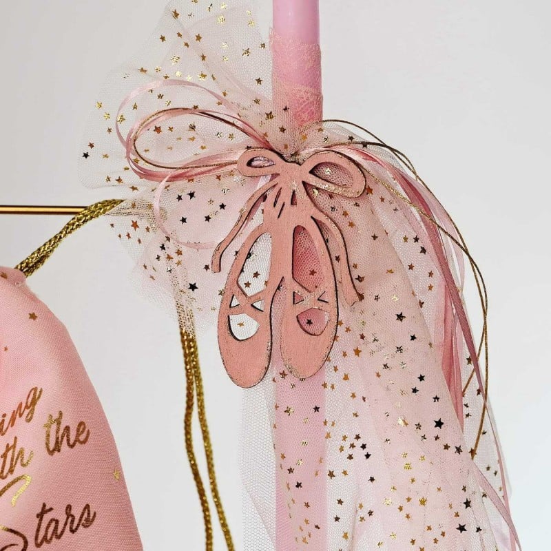 Σετ κοριτσίστικη λαμπάδα και σακίδιο με πουέντ διακοσμημένα με κορδέλες, τούλι και γκλίτερ