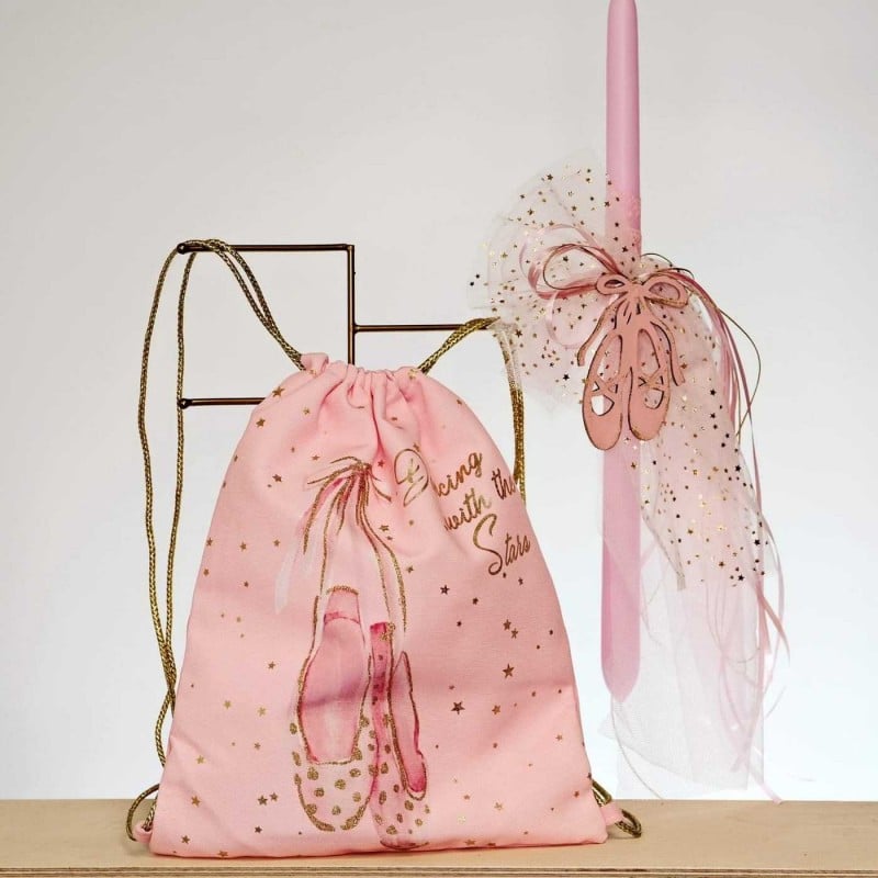 Σετ κοριτσίστικη λαμπάδα και σακίδιο με πουέντ διακοσμημένα με κορδέλες, τούλι και γκλίτερ