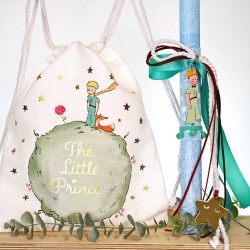 Σετ αγορίστικη λαμπάδα με ξύλινη υδρόγειο, κορδέλες και υφασμάτινο σακίδιο Μικρός πρίγκιπας